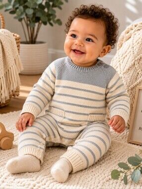 Baby Gap Knit One-Piece Romper 6–12M Cream & Blue Striped